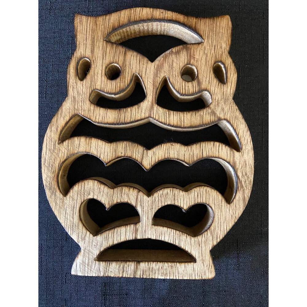 Hand Carved‎ Wooden Owl Trivet Made in India Rustic Kitchen Decor Boho Folk Art